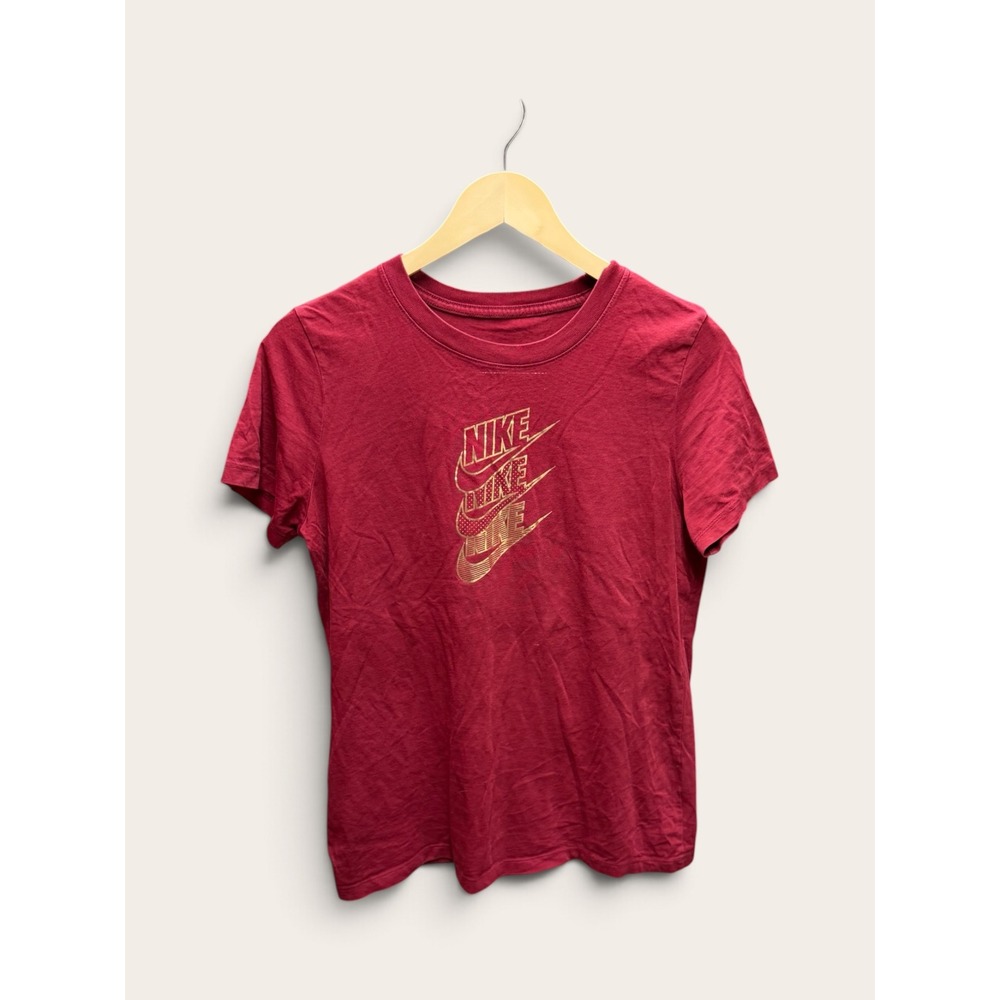Nike Womens Graphic Tee Burgundy Red Gold Stacked Logo Cotton T-Shirt Size M